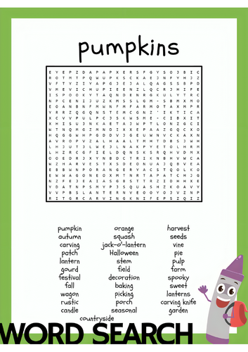 Pumpkins Word Search Activity Puzzle Halloween Activity