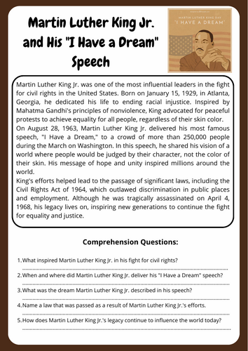 Black History Month Reading Comprehension – Martin Luther King Jr