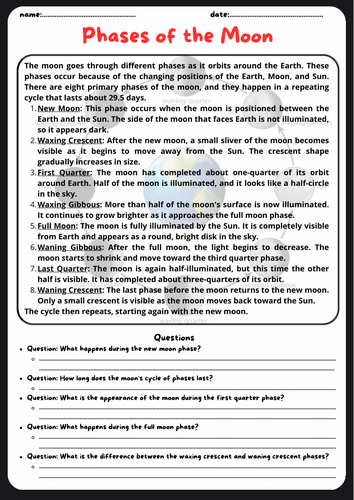 Phases of the Moon Reading Comprehension Worksheet