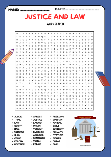 Justice and Law Word Search Activity Puzzle Worksheet