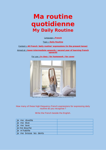 Ma routine quotidienne (my daily routine), vocabulary, useful expressions, French, second year up.