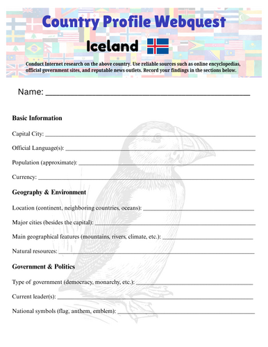 Country Profiles: Iceland Webquest Worksheet