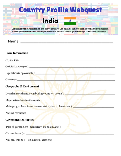 Country Profiles: India Webquest Worksheet