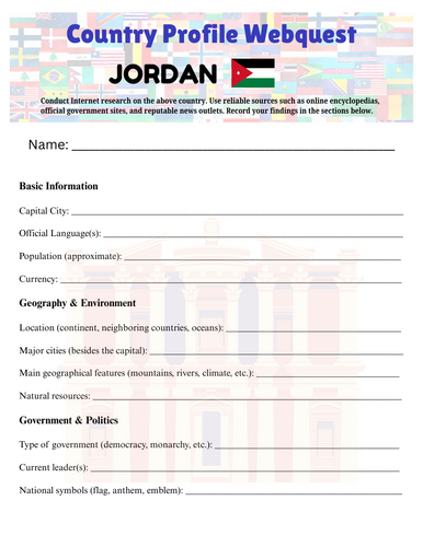 Country Profiles: Jordan Webquest Worksheet