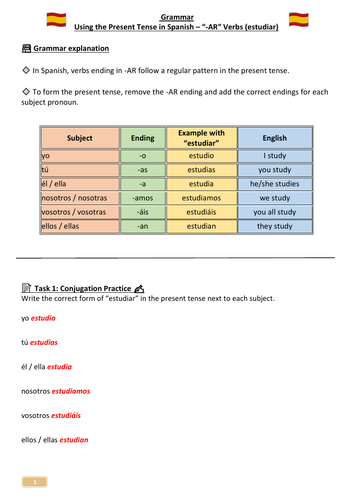 Spanish Grammar – Using the Present Tense (-AR Verbs: “Estudiar”) | KS3 Worksheet + Teacher Answers