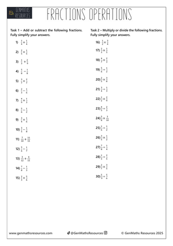 Fraction Operations - Maths GCSE Foundation Worksheet
