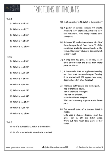 Fractions of Amounts - Maths GCSE Foundation Worksheet