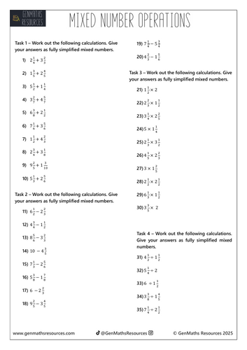Mixed Number Fractions Operations - Maths GCSE Foundation Worksheet