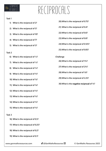 Reciprocals - Maths GCSE Foundation Worksheet