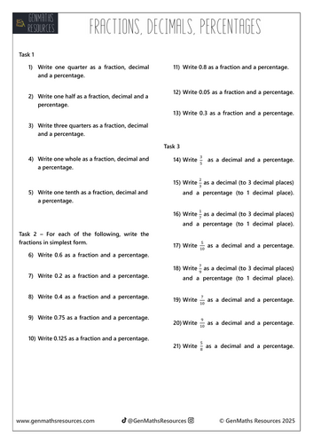 Fractions Decimals Percentages Conversions - Maths GCSE Foundation Worksheet