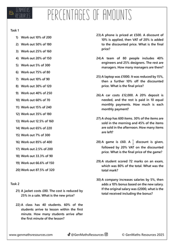 Percentages of Amounts - Maths GCSE Foundation Worksheet