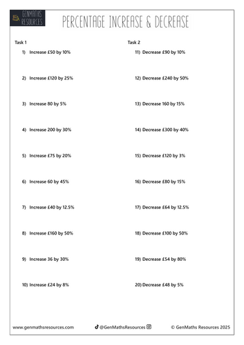 Percentage Increase and Decrease - Maths GCSE Foundation Worksheet ...