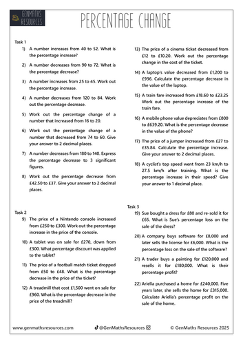 Percentage Change - Maths GCSE Foundation Worksheet