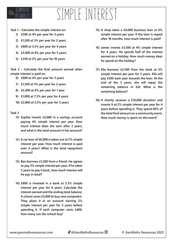 Simple Interest - Maths GCSE Foundation Worksheet