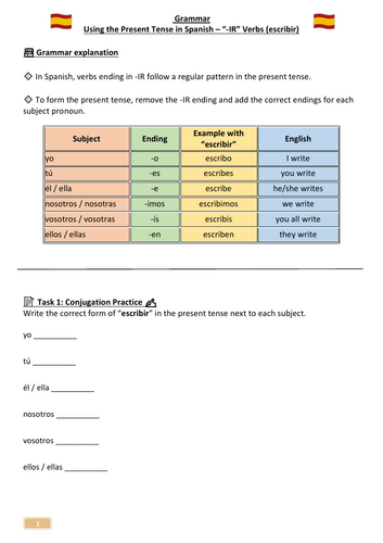 Spanish Grammar – Using the Present Tense (-IR Verbs: “Escribir”) | KS3 Worksheet + Teacher Answers