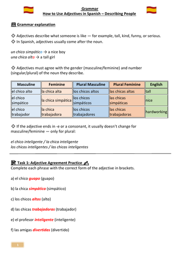 Spanish Grammar – How to Use Adjectives in Spanish (Describing People) | KS3 Worksheet + Teacher Ans