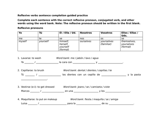 Reflexive verbs sentence completion guided practice