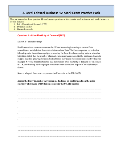 Edexcel A Level Business: 12 Marker Practice Pack