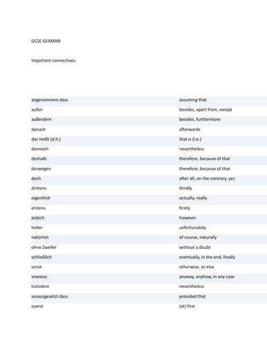 Level 9 German Language iGCSE: ambitious connectives- an extensive list