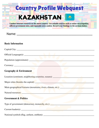 Country Profiles: Kazakhstan Webquest Worksheet