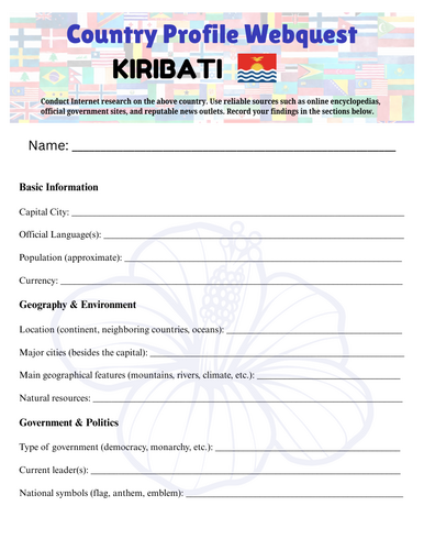 Country Profiles: Kiribati Webquest Worksheet