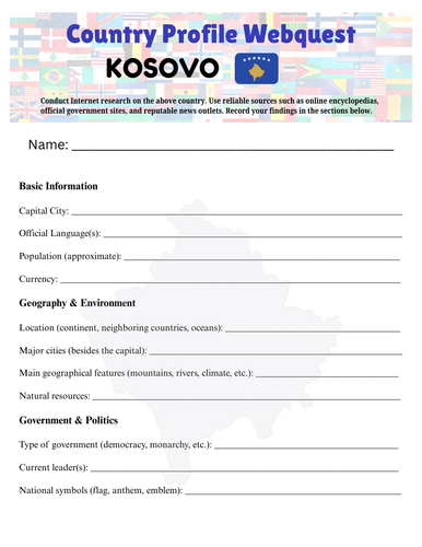 Country Profiles: Kosovo Webquest Worksheet