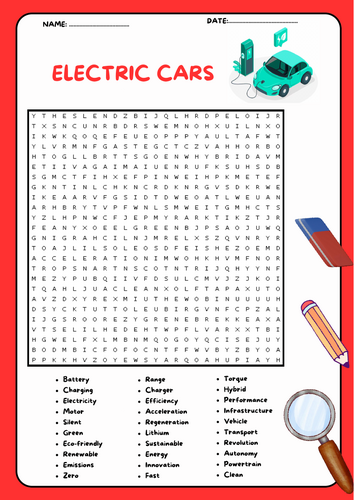 Electric Cars Word Search Puzzle Worksheet