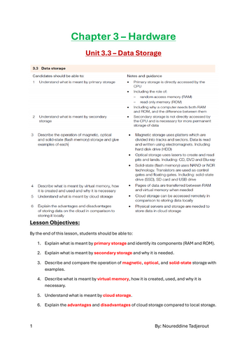 IGCSE Computer Science 0478: 3. Hardware: 3.3 Data storage