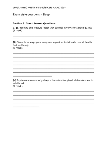 BTEC Level 3 AAQ Health and Social Care - Unit 1 Aim B - Sleep