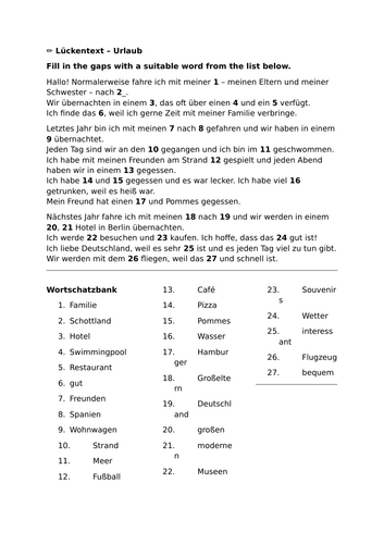 Gap fill holidays 3 tenses - German year 9 or GCSE