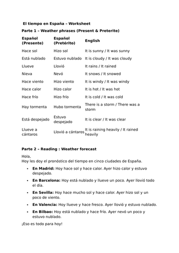 Year 8 Spanish - weather viva 2 preterite and present