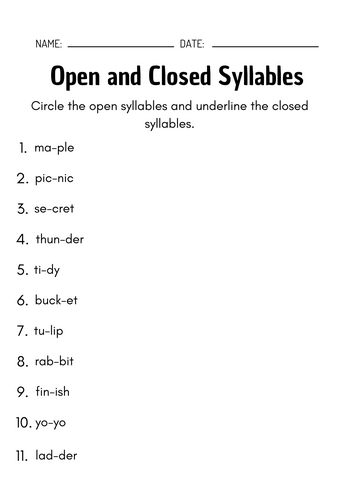 Open and Closed Syllables Grammar Worksheets - Open and Closed Syllable Sort
