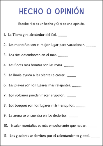 Hecho u Opinión - Fact or Opinion Worksheets in Spanish - Fact vs Opinion