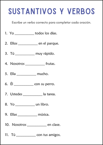 Sustantivos y Verbos - Nouns and Verbs Grammar Worksheets in Spanish