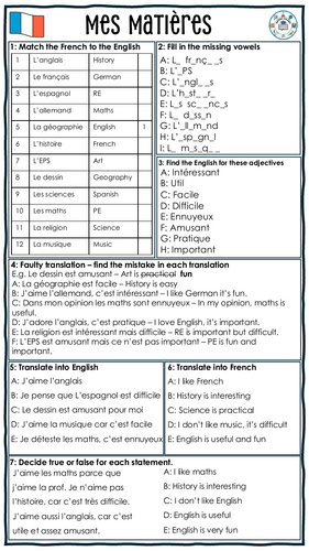 KS3 French - Mes matieres