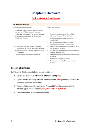 IGCSE Computer Science 0478: 3.Hardware: 3.4 Network hardware