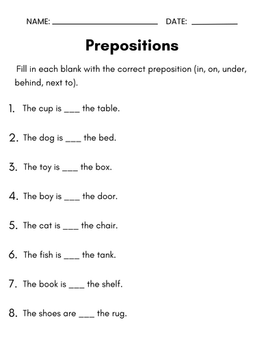 Prepositions Worksheets for Kindergarten & 1st Grade