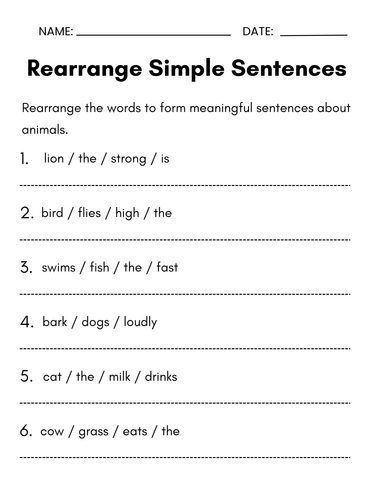 Simple Rearrange Sentences Worksheets