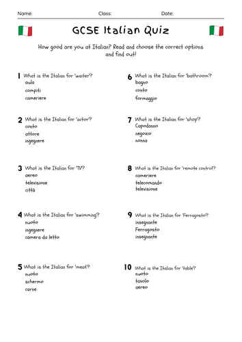20 GCSE Foundation Level Italian Multiple Choice Quiz Worksheets PDF