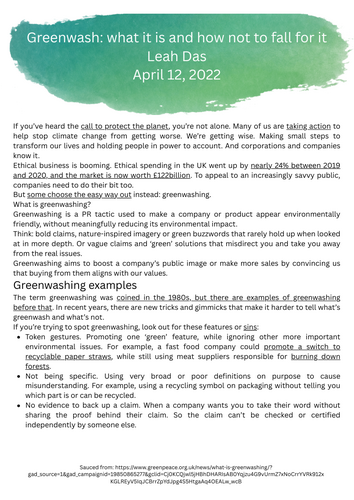 Functional Skills English Lesson 2: Comparing Non-Fiction Texts – Greenwashing