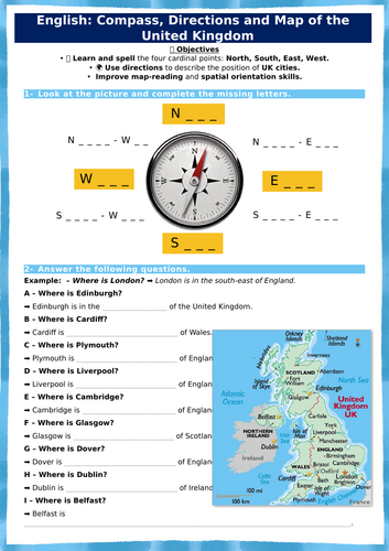 Compass Directions – Map of the United Kingdom (ESL Worksheet)
