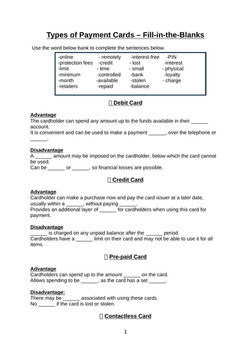 Methods of payment worksheet