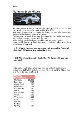Personal  Finance worksheet- Mr Jones