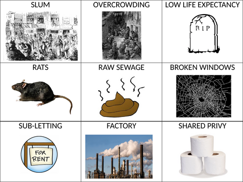 Victorian Towns - Slum Living Conditions Bingo Cards and Spinner