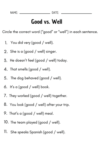 Good vs. Well – Grammar Practice Worksheets