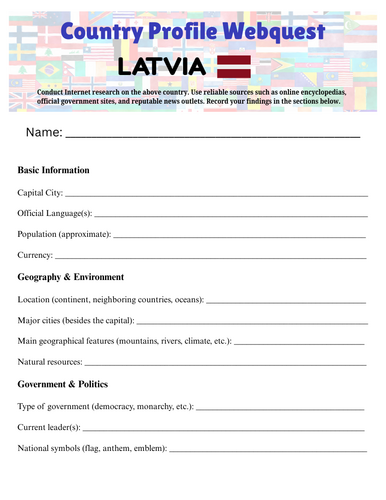 Country Profiles: Latvia Webquest Worksheet