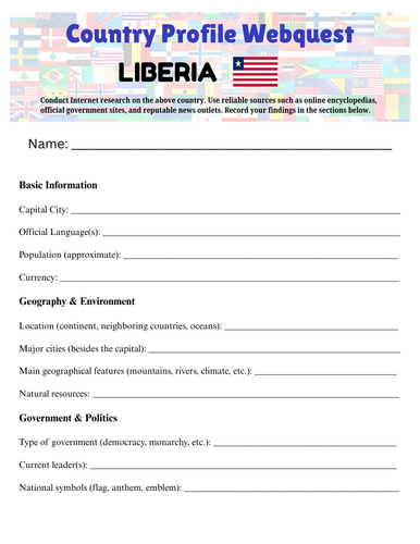 Country Profiles: Liberia Webquest Worksheet