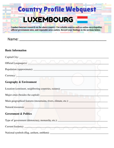 Country Profiles: Luxembourg Webquest Worksheet
