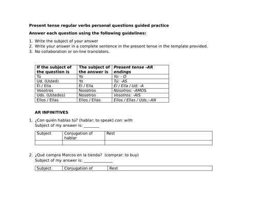 Present tense regular verbs personal questions guided practice