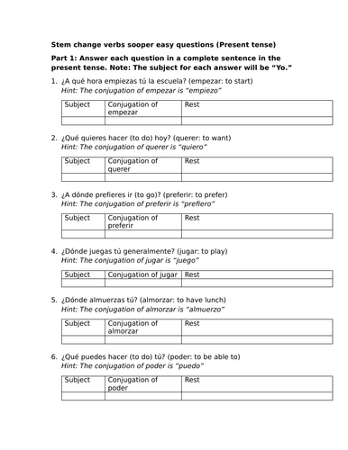 Stem change verbs sooper easy questions (Present tense)